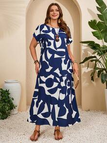 EMERY ROSE Robe maxi décontractée/de vacances à col rond et manches courtes imprimée bleue pour femmes, robes décontractées pour femmes, tenues de vacances pour femmes, robe maxi fleurie bleue et blanche, robe maxi bleue marine, robe maxi à manches courtes, robe maxi longue d'été pour femmes, robe maxi d'été, tenue de printemps, tenue de vacances pour femmes, robe maxi découpée bleue et blanche pour femmes, robes de printemps, robe fleurie pour femmes, robe maxi décontractée, robe maxi de vacances, vêtements de vacances pour femmes, robe de vacances, robe maxi courbe, robe maxi décontractée, robes d'été pour femmes, vêtements pour femmes décontractés - Multicolore - View 6