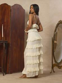 MUSERA Spaghetti Strap Tie Up Tiered Lace Ruffle Long Maxi Length Top Cute Spring Holiday Girly Sugar Salt - White - View 4