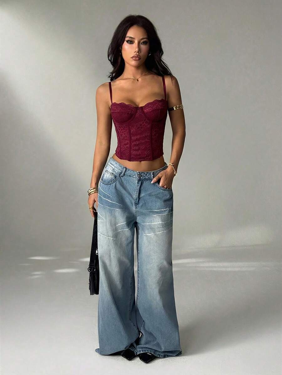 SHEIN PETITE Sexy Lace Sheer Camisole Top, Party, Date Night, Commute, Cute Bralette, Sexy Club Top, Corset Top, Strapless Top, Going Out Top, Summer Tops, Cute Top, Summer For Women, Lace Top, Corset Top, Autumn/Winter Layering - Burgundy - View 1