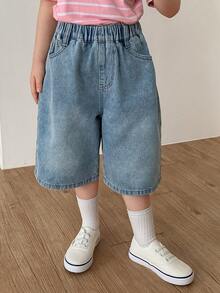 DAZY Quần short denim dài đến 3/4, cạp chun co giãn dành cho bé gái. - Màu xanh lam - Xem 3