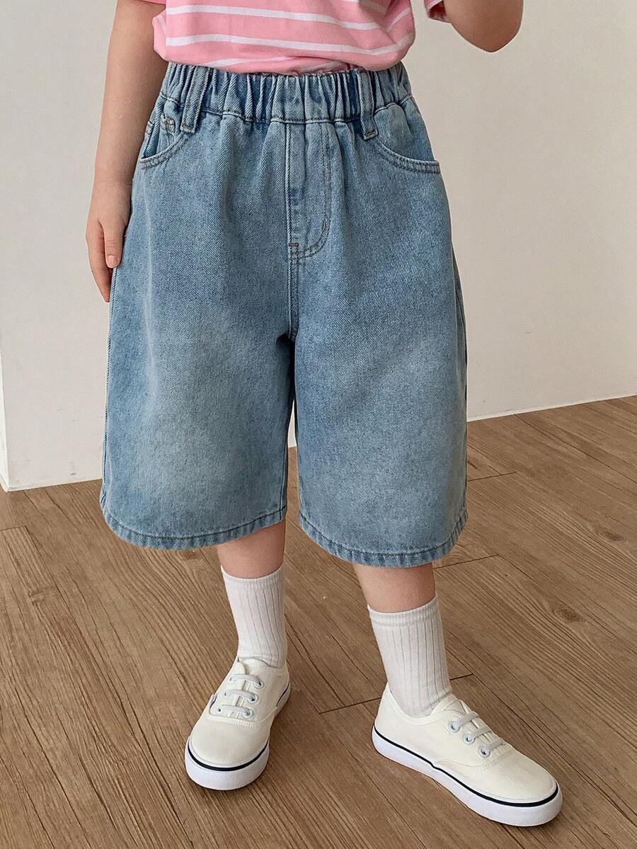 DAZY Quần short denim dài đến 3/4, cạp chun co giãn dành cho bé gái. - Màu xanh lam - Xem 1