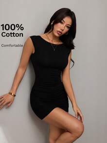 SHEIN PETITE 女士露背迷你连衣裙，100%纯棉针织面料，舒适休闲百搭，适合度假、约会和日常穿着。 - 黑色 - 查看 7