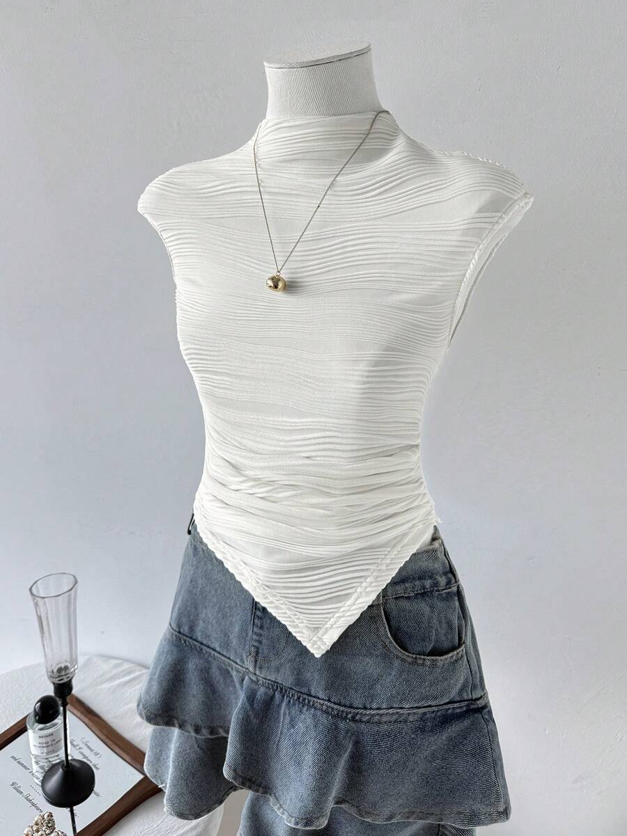 SHEIN 少女优雅纹理不对称下摆T恤,夏季 - 白色 - 查看 1