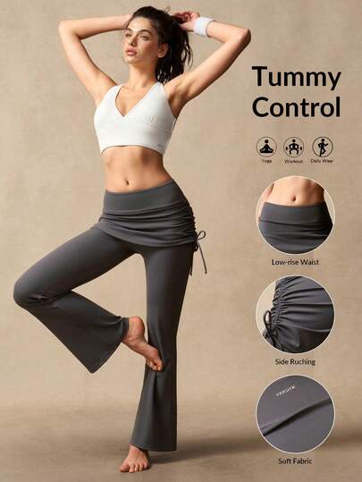 VARSIVA Grey Fashionable Low-Rise Women's Athletic Flared Culottes/Skirts With A Faux Two-Piece Design, One-Side Drawstring, Fashionable Low-Rise Women's Athletic Culottes/Skirts. Suitable For Professional Fitness Activities, Pilates, Yoga, Running, And Everyday Wear; Suitable For Spring, Summer, Autumn, And Winter.