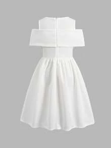 少女优雅露肩圆领蝴蝶结连衣裙 - 白色 - 查看 6