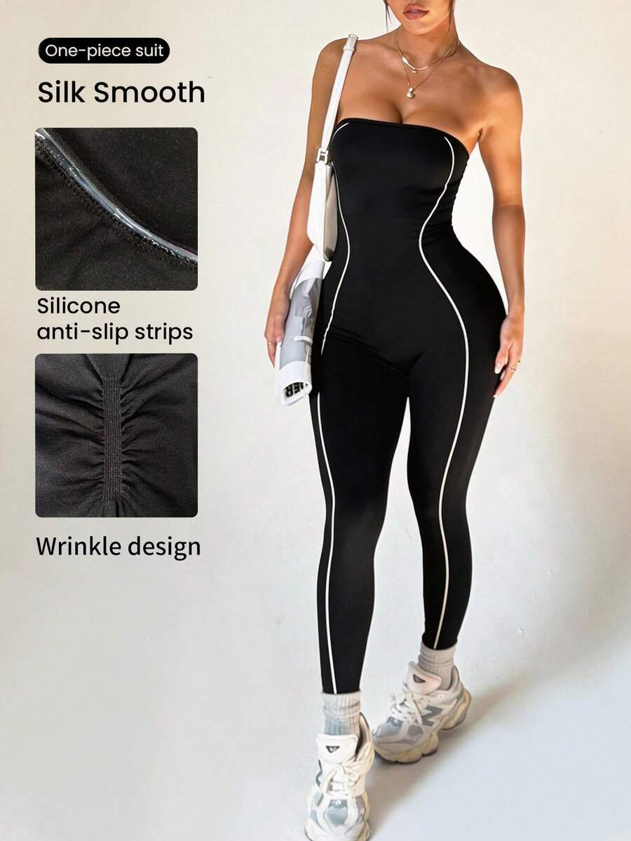 With My Calm Women's Sporty Casual Contrast Trim Bandeau Jumpsuit - Multicolor - View 1