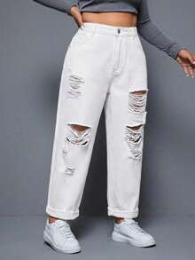 SHEIN ICON Jeans desgastados de unicolor versátiles y casuales de talla grande - Blanco - Ver 5