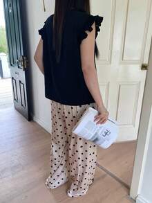 Dazy Plus 2pcs Solid Color Fitted Cap Sleeve Top And Polka Dot Long Pants Cute Pajama Set, Spring/Summer - Black - View 6