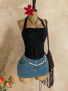 Soleia Camiseta de punto blanca con textura y ajuste ceñido con escote halter para vacaciones de mujer - Negro - Ver 3