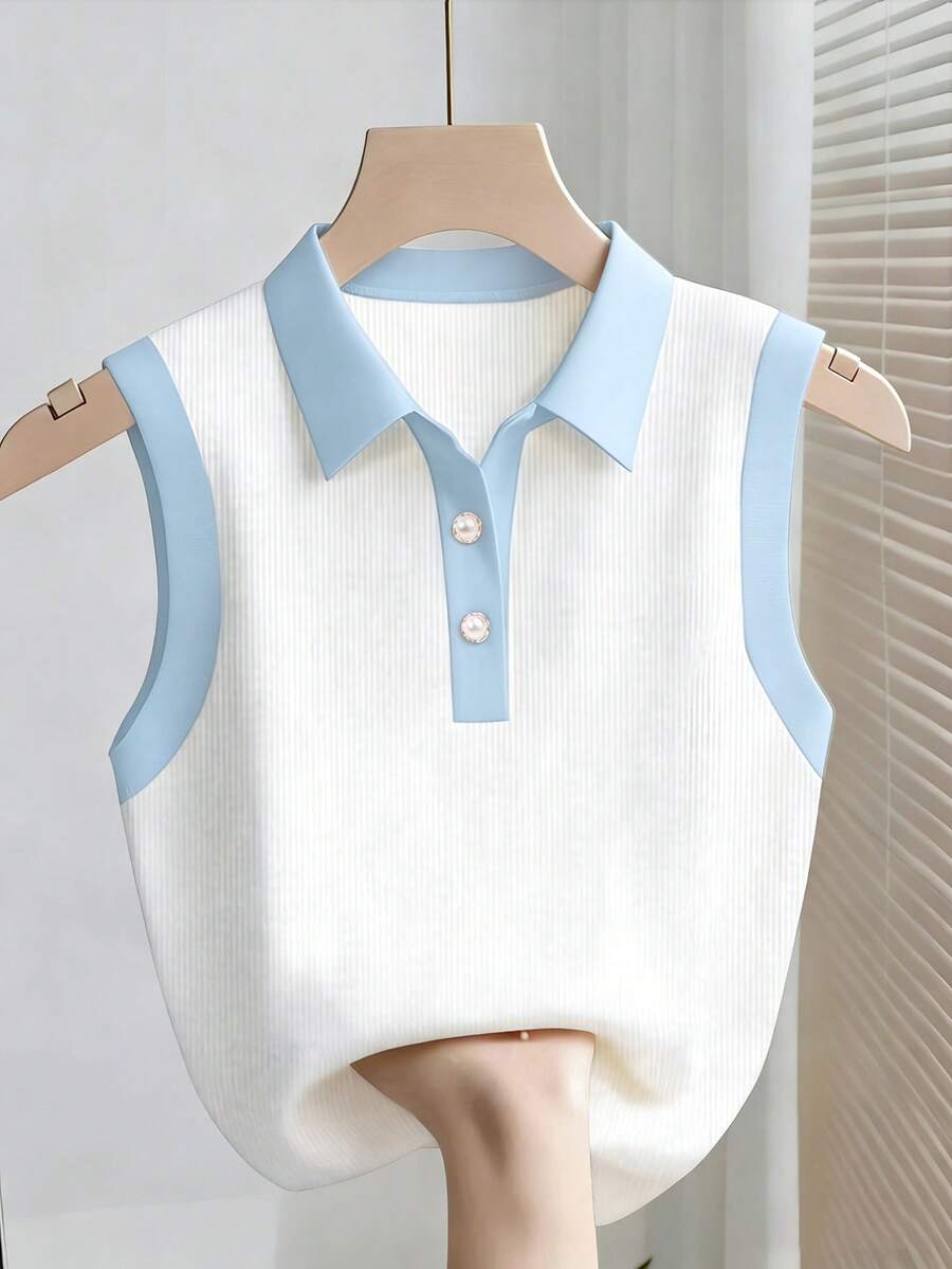 Franclia Áo tank top không tay phối màu tương phản thời trang nữ - Xanh và trắng - Xem 1