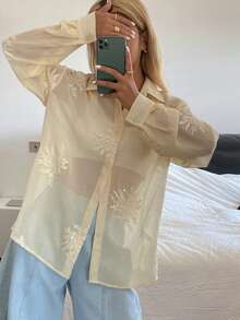 DAZY 植物印花串珠刺绣落肩袖女式衬衫 - 杏色 - 查看 6