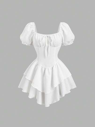 Sweetra 法式浪漫夏季短袖时尚公主风花瓣袖连衣裙，收腰设计，不对称下摆，优雅派对礼服，可爱白色迷你连衣裙