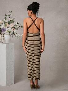 SHEIN Striped Long Maternity Dress With Open Back And Criss-Cross Straps - Multicolor - View 6