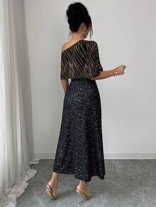 Elenzga 女士优雅箔印斑马纹不对称领连衣裙 - 黑色 - 查看 2