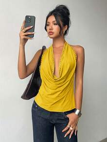 Aloruh Áo hở lưng cổ chữ V khoét sâu gợi cảm đính đinh tán, thích hợp cho mùa hè. - Màu vàng - Xem 7