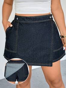 Firerie Plus Size Women's Navy Blue Denim Skort,High Waist Wrap Front Asymmetric Hem Skirt With Built-In Shorts & Pockets,Summer Smart Casual Everyday Outfit - Blue - View 2