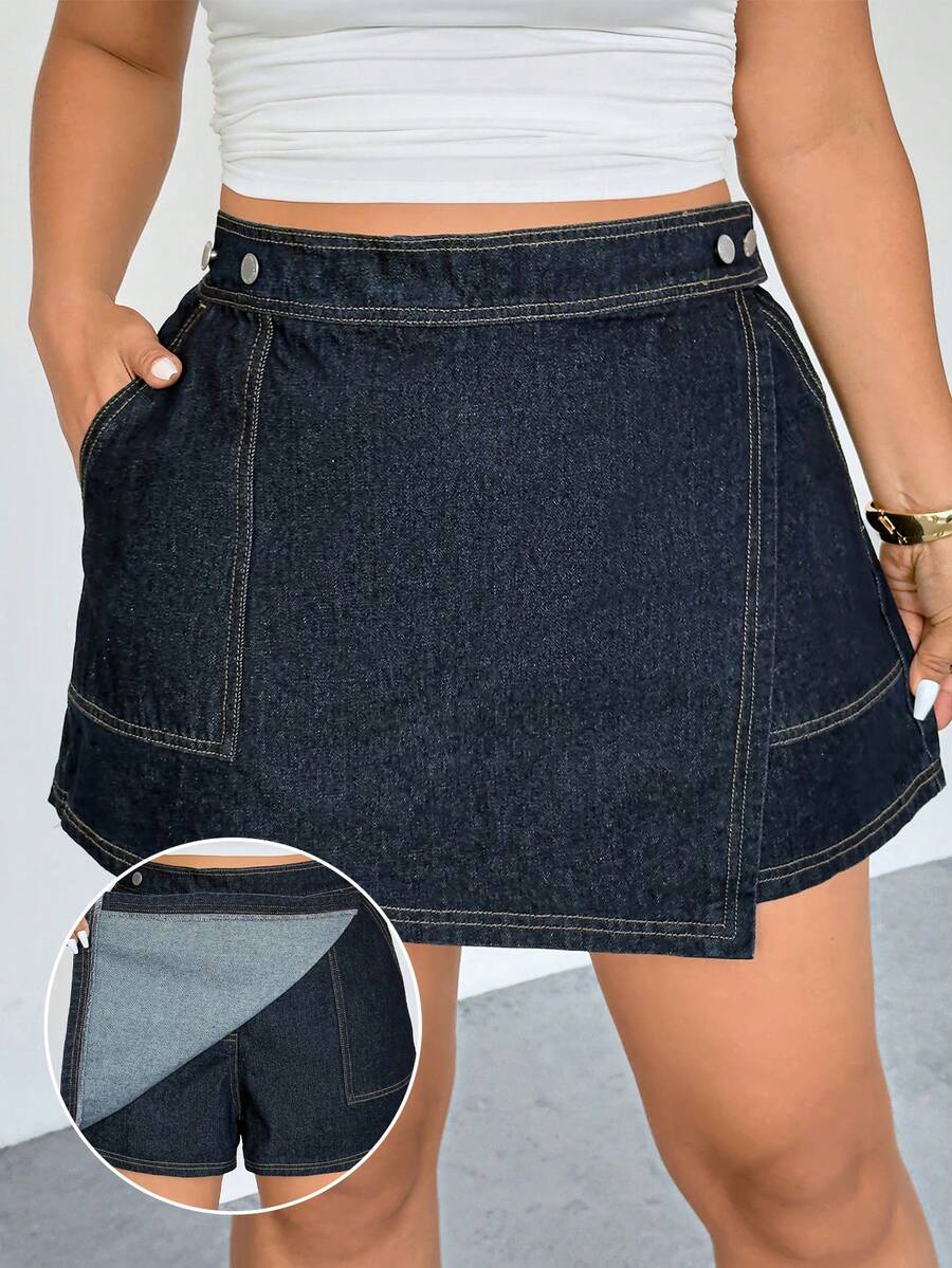 Firerie Plus Size Women's Navy Blue Denim Skort,High Waist Wrap Front Asymmetric Hem Skirt With Built-In Shorts & Pockets,Summer Smart Casual Everyday Outfit