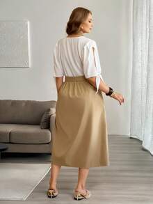 Elenzga Đầm dài không tay dáng suông cho nữ cỡ lớn, đầm midi không tay, mở phía trước, thắt eo, có túi, kiểu dáng tối giản, thích hợp mặc đi làm, đi nghỉ mát hoặc mặc hàng ngày. - Màu Khaki - Xem 2