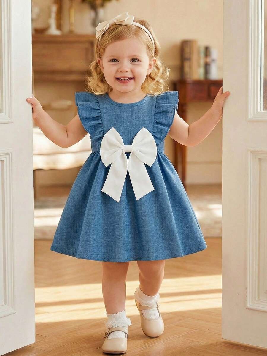 1pc Baby Girls' Summer New Round Neck Ruffle Front White Bow Decor Simple Versatile Design Casual Cute Dress - Blue - View 1