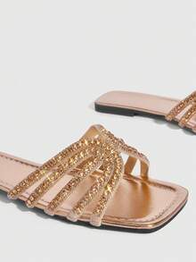 CUCCOO SZL Women's Fashion Crystal Decorated Flat Sandals, Summer Spring Shoes - Champagne - View 6