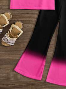 SHEIN 卡布奇诺守护者，茶杯女孩冒险，复古可爱粉色蝴蝶结爱心软卡通人物印花，少女休闲卡通图案圆领短袖T恤和喇叭裤两件套，适合夏季 - 彩色 - 查看 6