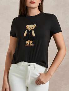 Briarwyn 女士休闲小熊印花短袖T恤，夏季 - 黑色 - 查看 5