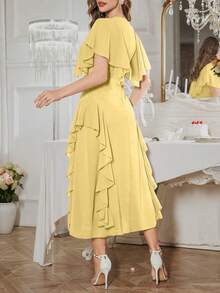 Modelyn Women's French Design Ruffle Sleeve Tie Waist Dress - Yellow - View 2