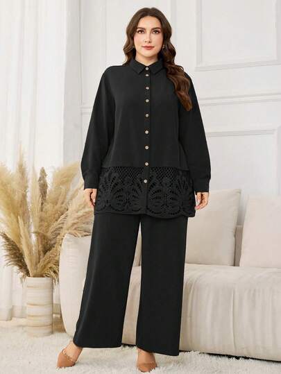 Lacomfia Plus Size Casual Solid Color Long Sleeve Shirt With Ruffle Hem Decor & Elastic Waist Wide Leg Pants 2 Piece Set, Spring/Autumn