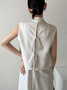 FRIFUL 女士西装外套和长款吊带裙两件套，款式时尚，夏季 - 卡其色 - 查看 6