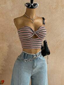 Soleia 女士 Y2K 条纹扭结设计露脐抹胸上衣 - 藕粉色 - 查看 3