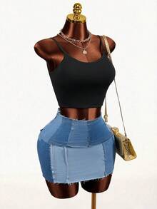 Mistrie Women's Frayed Hem Casual Denim Pencil Skirt - Blue - View 3