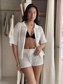 SHEIN Cardigans en tricot et shorts pour femmes - Nude - Voir 5