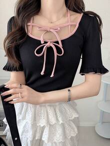 FRIFUL Women's Colorblock Tie-Front Bowknot Fitted T-Shirt, Versatile For Spring And Summer - Black - View 7