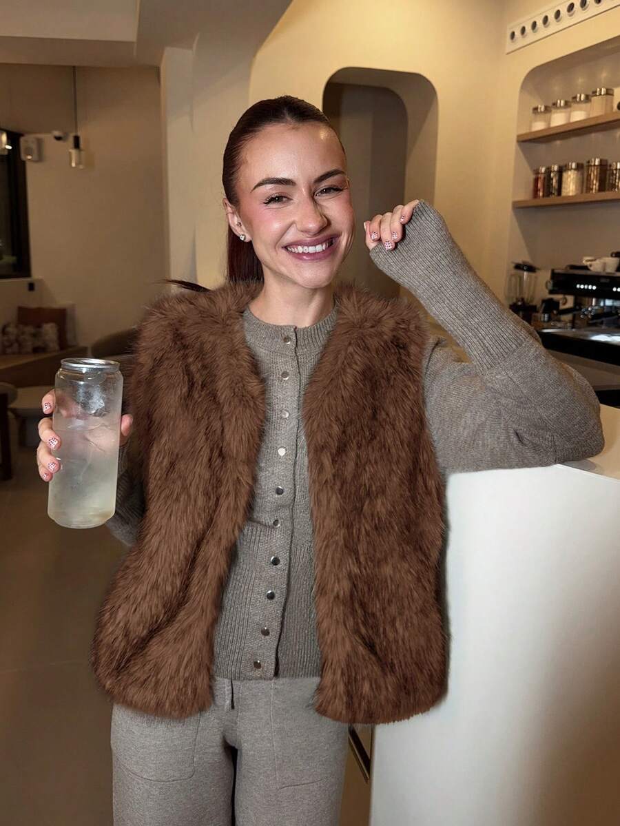 Abrilcols 秋冬女士咖啡棕色前开仿皮草夹克 - 咖啡棕 - 查看 1