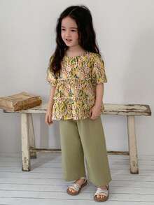 DAZY 少女碎花花瓣袖衬衫和裤子休闲套装 - 綠色 - 查看 5