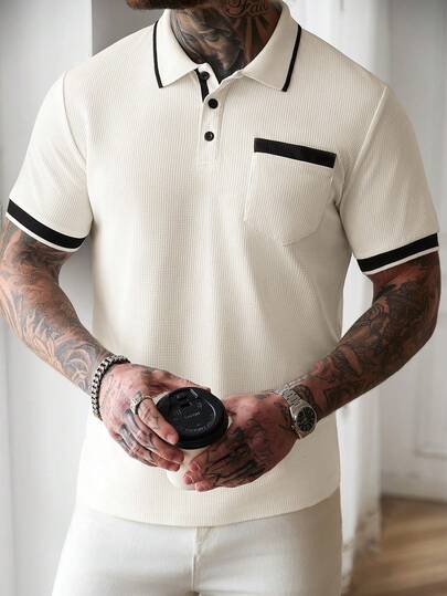 Manfinity Mode Men's Contrast Color Print Polo Collar Short Sleeve T-Shirt,Men Old Money,Daily Leisure, Weekend Trips, Outdoor Activities, Travel Expeditions, Relaxed Work Environments Or Semi-Formal Occasions, Boyfriend/Husband Gift, Anniversary /Birthday Gift Party Summer Vacation Holiday,Wedding,Spring To Summer,Easter,Men's Cream Waffle Knit Polo Shirt With Black Trim And Pocket Short Sleeve Casual Top,Men Polo Shirts,Cream Top Men,Men Buttoned Knitted Polo,Mens T Collar T Shirt,Cream Polo Shirt