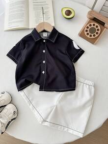 2pcs Baby Boys/Girls Casual Street Chic Letter Print Short Sleeve Shirt & Elastic Waist Shorts Co-Ord Set, Suitable For Spring/Summer, Outdoor Play, All Seasons,Streetwear,Suitable For Spring/Summer,My First Easter - Black and White - View 4