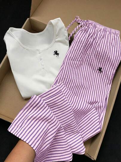 Comfortcana 2026 Spring/Summer Women's Casual Embroidered Detail Button Top And Striped Pants 2-Piece Set, Purple Outfit Suitable For Beach, Thanksgiving, New Year, Christmas And Other Occasions