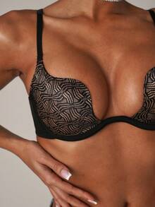 SHEIN BAE 女士细肩带露背印花时尚罩杯文胸 - 黑色 - 查看 6