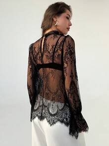 RiviMae Women's Sexy Lace Flare Sleeve Blouse, Stylish Beach Vacation Party Revealing Crop Top - Black - View 2