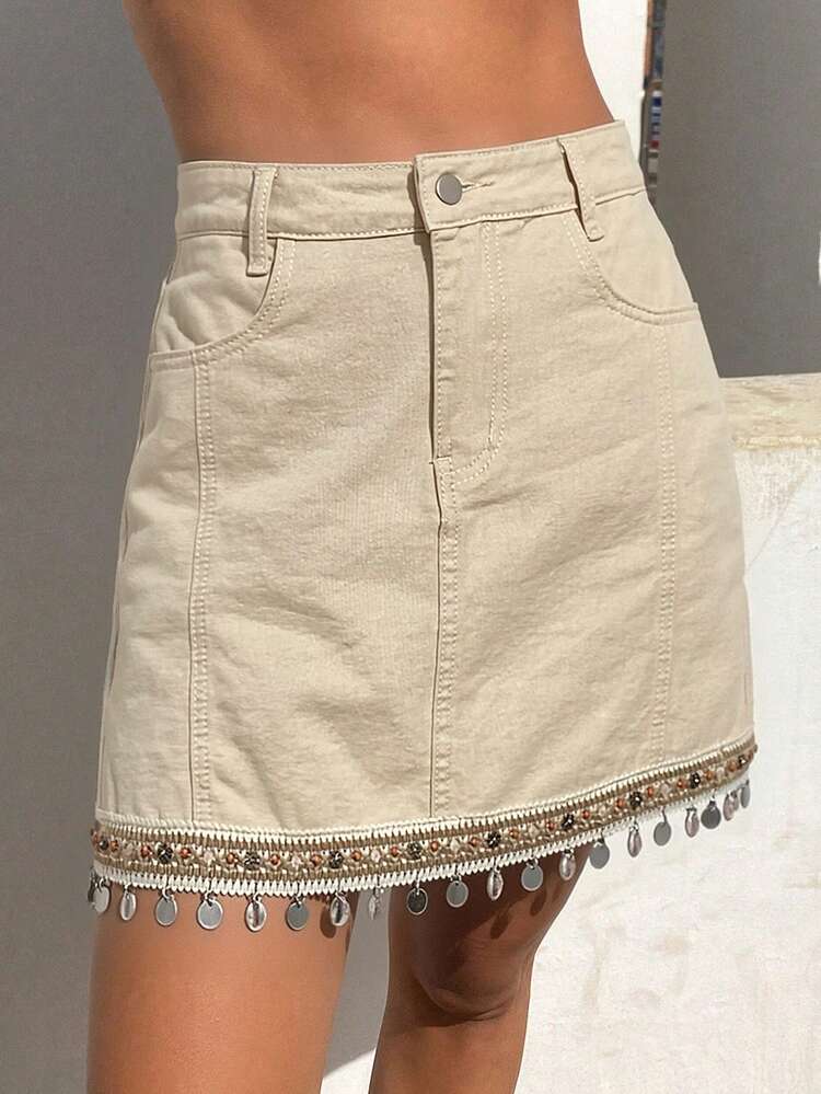 Women's Denim Skirt With Ribbon & Sequin Decor Slant Pocket, Fashion Summer Boho