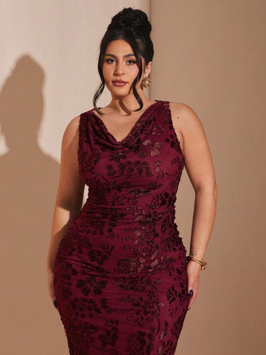 SHEIN BAE 大码女式红色深V领无袖连衣裙 - 中紫紅色 - 查看 1