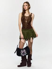 ROMWE Gothic Purple Rose Butterfly Embroidery Bag, Black Suede Large Capacity Messenger Crescent Bag - Black - View 4