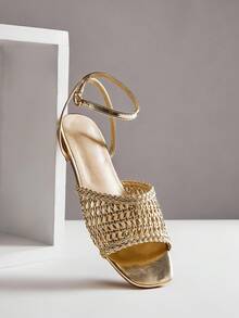 SHUZIA 女士时尚休闲舒适编织PU踝带平底凉鞋 - 金色 - 查看 6