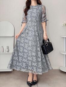 FRIFUL 女士圆领全蕾丝优雅通勤A字连衣裙，夏季长款连衣裙 - 灰色 - 查看 5