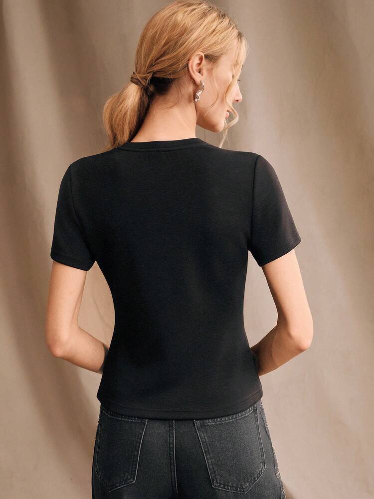 Women's Elegant Modern Hollow Shoulder Handmade Rhinestone Decor Round Neck Short Sleeve T-Shirt