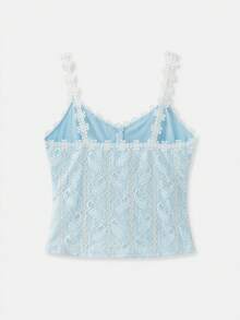 lacRébo Blue Textured Cami Top With White Floral Straps And Trim Spring Summer French Style Parisian Style Cute Vintage Top Vacation Top - Baby Blue - View 7