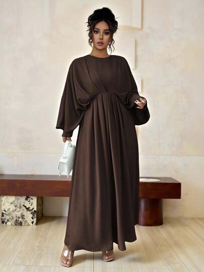 Roveilla Plus Size Women's Elegant Minimalist High-End Casual Dress, Suitable For Office, Commute, Beach, Music Festival, Afternoon Tea, Derby, Regatta, Solid Color Round Neck 2 In 1 Waist Ruffle Hem Batwing Sleeve A-Line Maxi Dress, Spring/Summer Dress Modest Long Brown Dress Najma Dress Lantern Sleeve Dress Brown Elegant Dress Women