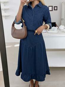 DAZY Bộ đồ nữ gồm áo sơ mi có túi và chân váy denim xếp ly, kiểu dáng thường ngày, thích hợp cho mùa xuân/hè, hoặc dự tiệc cưới. - Màu xanh lam - Xem 8