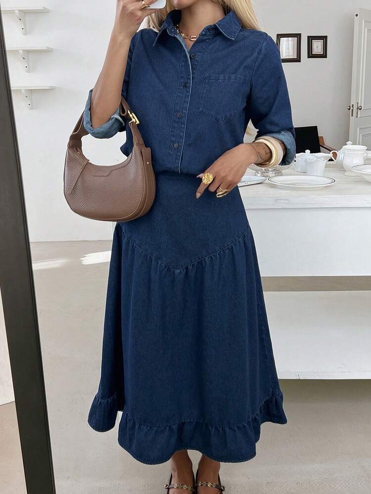 Women's Casual Washed Pocket Shirt And Pleated Denim Skirt 2-Piece Set, Spring/Summer,Wedding Guest Dress Women